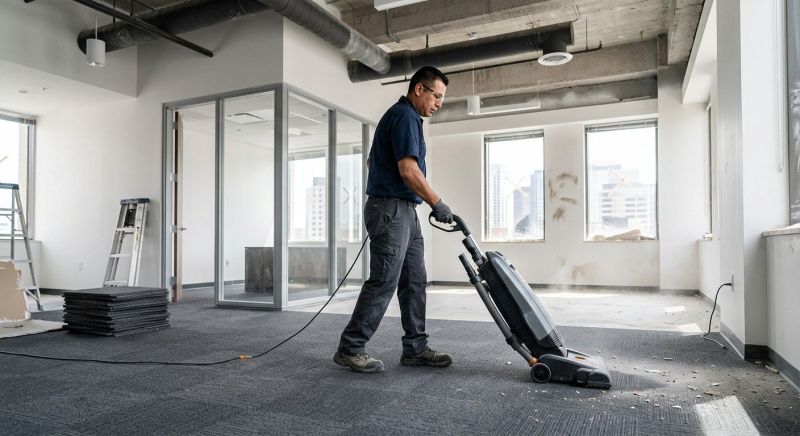 Cleaning professional vacuuming a newly constructed office