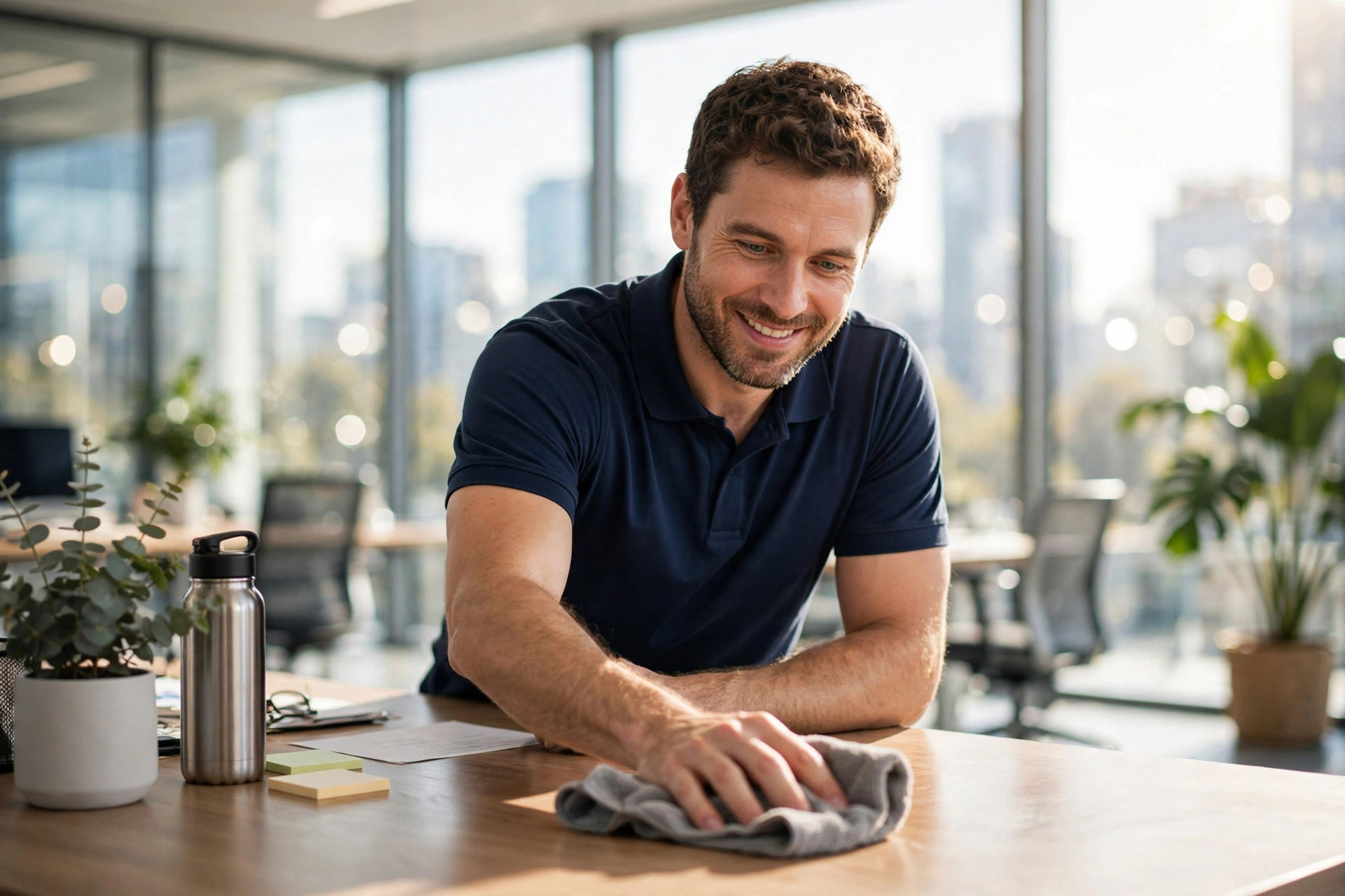 Cleaning professional wiping an office workstation