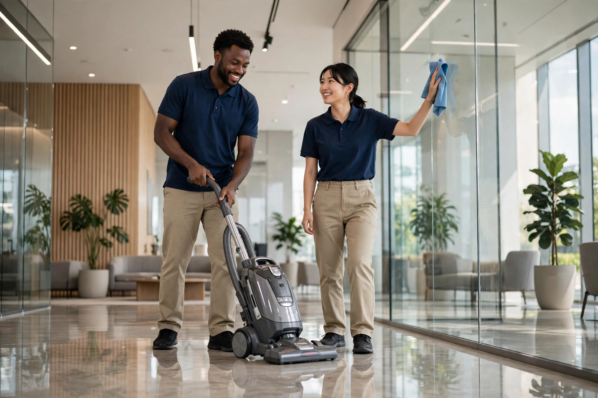 Two cleaning professionals vacuuming a commercial lobby and wiping its glass partition