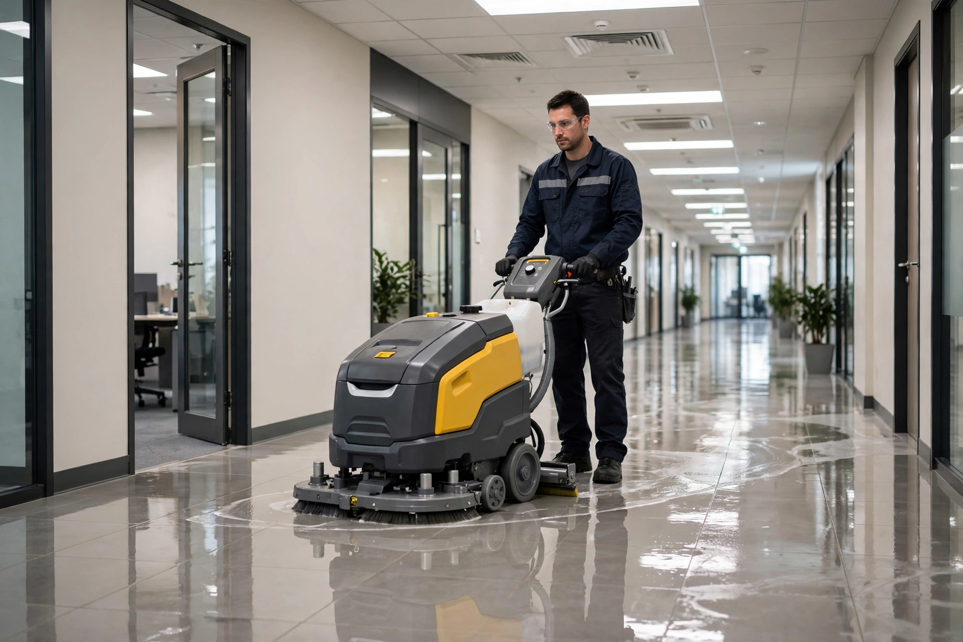 Cleaning professional using a commercial floor cleaning machine