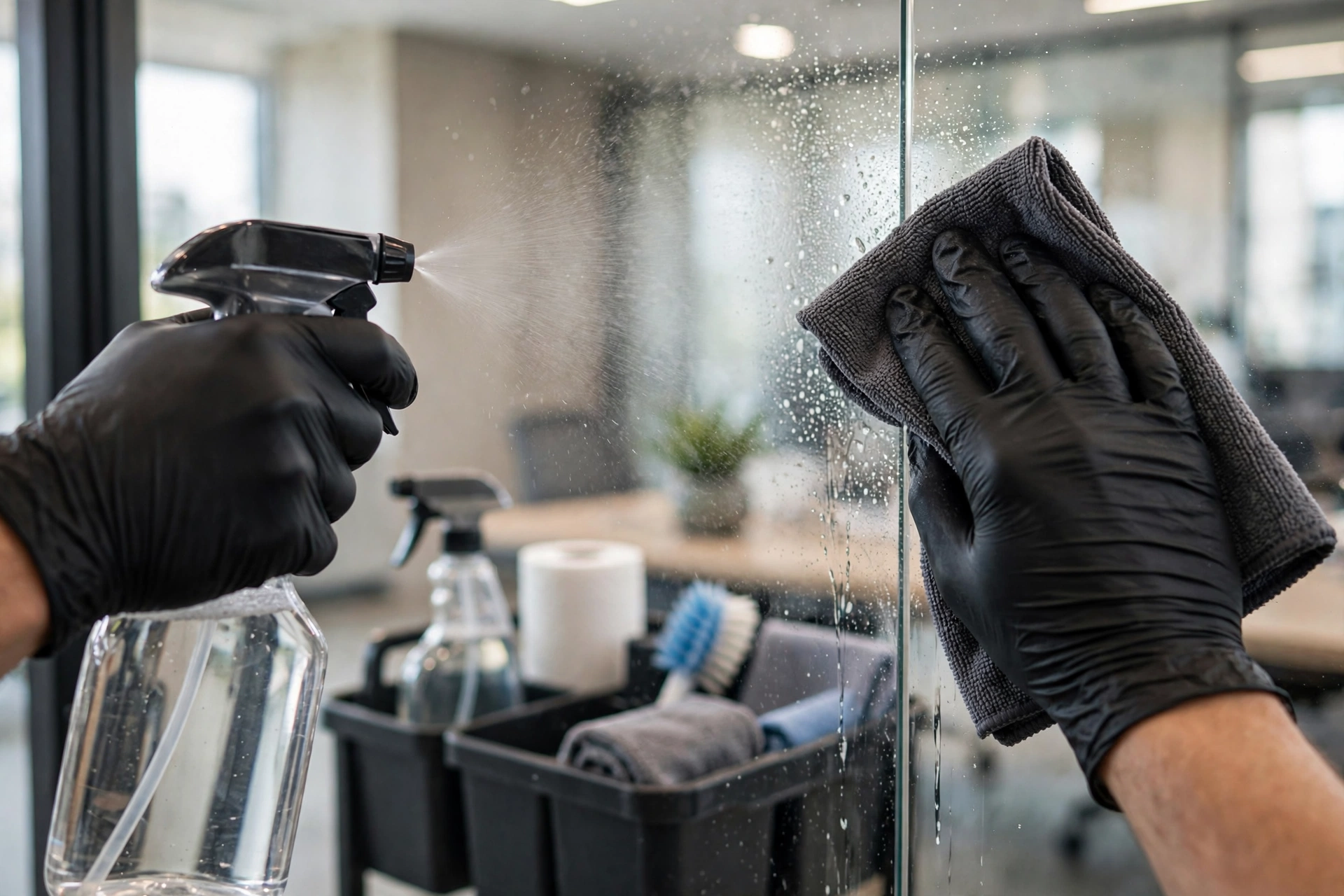 Gloved hands carefully cleaning a glass surface with spray and a cloth